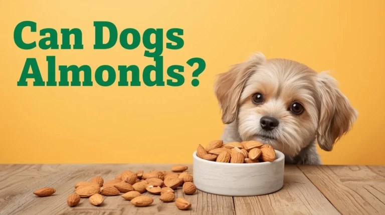 A curious dog looking at a bowl of almonds, with the text 'Can Dogs Eat Almonds?' overlayed on the image.