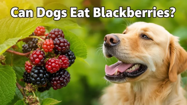 A happy dog looking at a cluster of fresh blackberries, with the text 'Can Dogs Eat Blackberries?' overlayed on the image.
