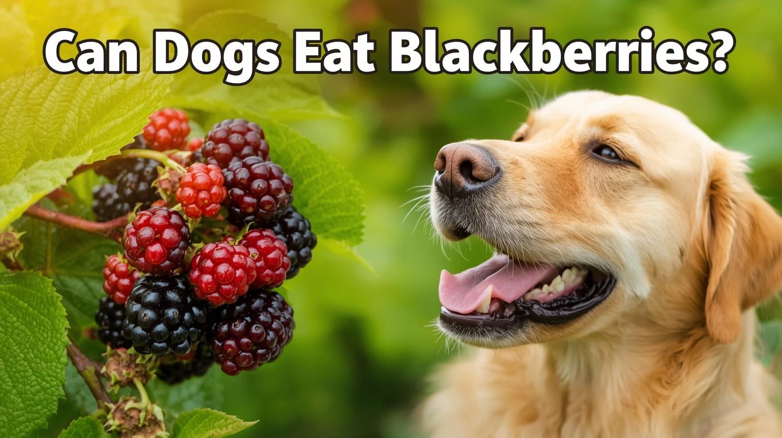A happy dog looking at a cluster of fresh blackberries, with the text 'Can Dogs Eat Blackberries?' overlayed on the image.