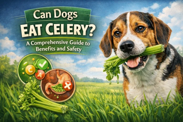 Can Dogs Eat Celery? A Beagle holds a stick of celery, surrounded by health benefit icons and safety tips, set against a grassy field and blue sky.