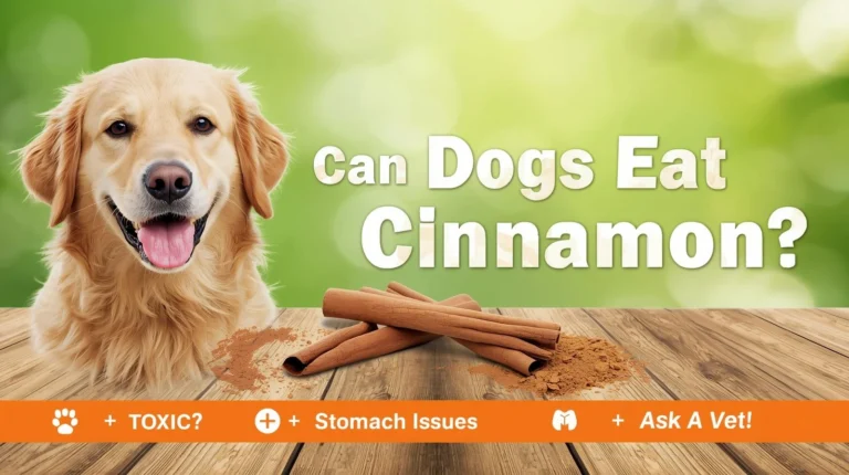 Golden retriever dog sitting next to cinnamon sticks and powder on a wooden table illustrating the question Can Dogs Eat Cinnamon