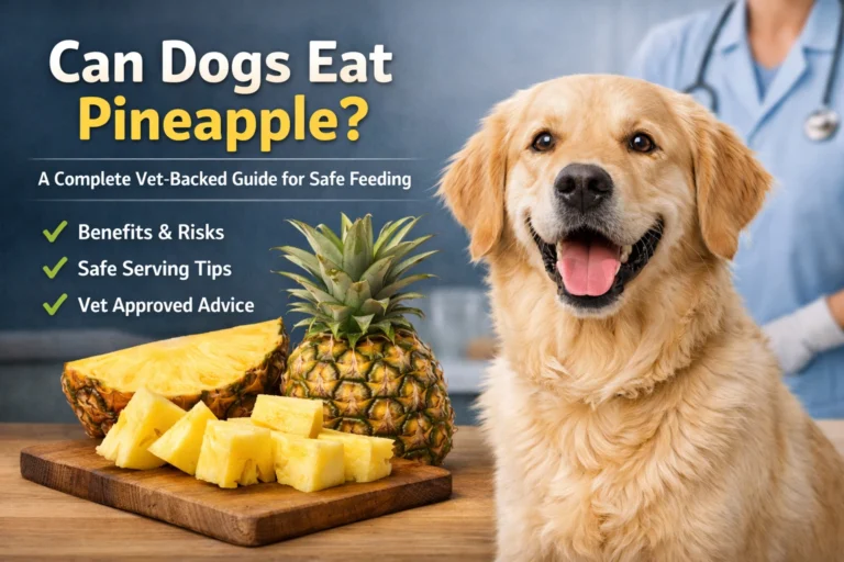 Can Dogs Eat Pineapple feature image showing a golden retriever sitting beside fresh pineapple slices on a wooden table