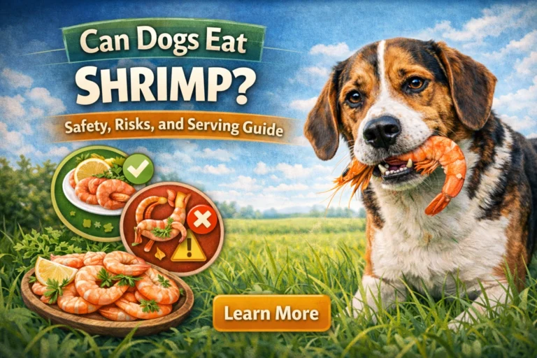 Can Dogs Eat Shrimp? A Beagle holding a shrimp, with icons showing the safety and risks of shrimp for dogs, set against a grassy field and blue sky.