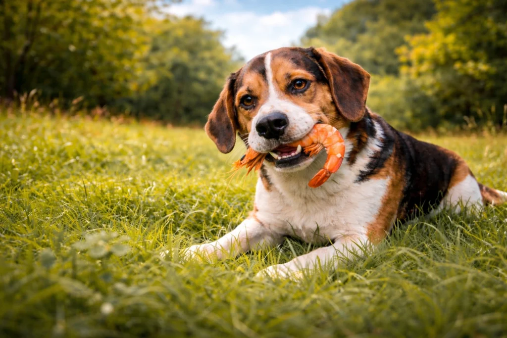 Can Dogs Eat Shrimp? A tricolor Beagle happily holding a shrimp in its mouth, set in a vibrant green meadow under a sunny sky.