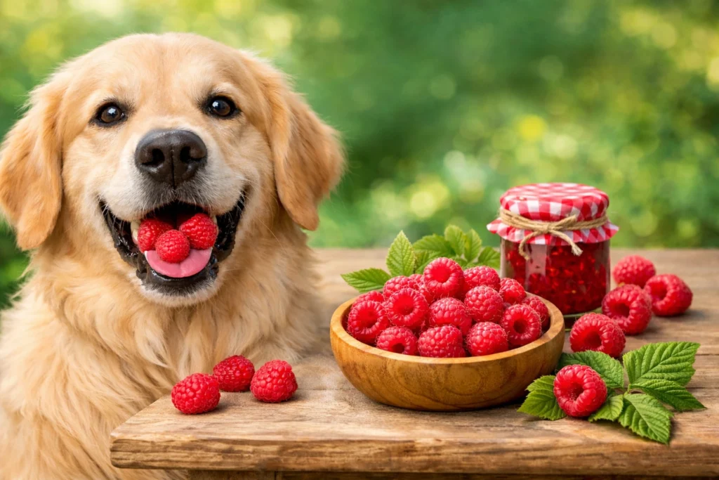 A joyful golden retriever sitting at a wooden table, holding raspberries in its mouth, with fresh raspberries surrounding it. The image captures the essence of 'Can Dogs Have Raspberries?' in a playful, nature-inspired setting.