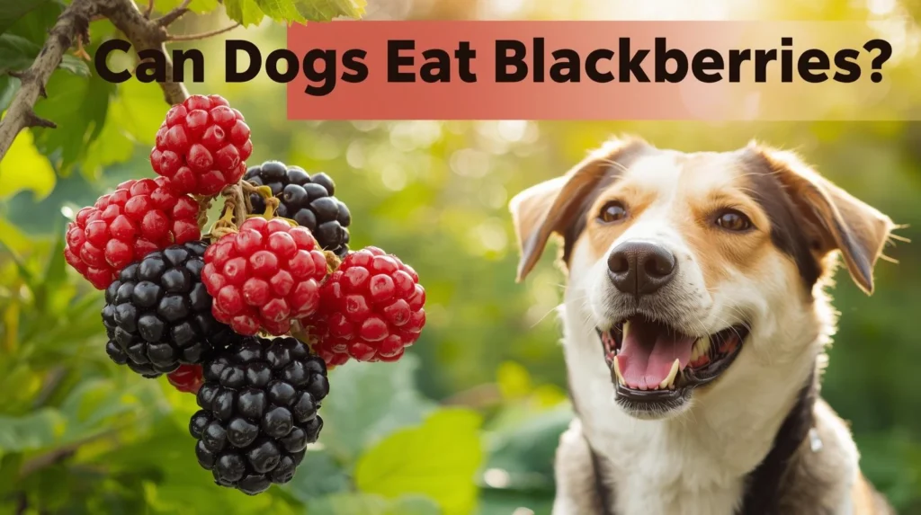 Close-up of ripe blackberries on a table with a curious dog in the background, featuring bold text asking 'Can Dogs Eat Blackberries?