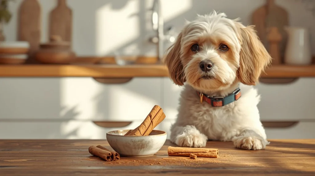 Cute dog looking at cinnamon sticks and ground cinnamon with the topic Can Dogs Eat Cinnamon for pet health blog