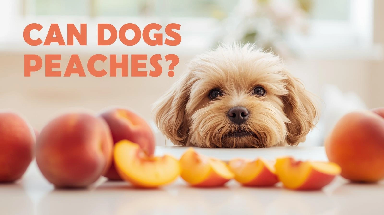 A curious dog looking at fresh peaches on a table, with the text 'Can Dogs Eat Peaches?' overlayed on the image.