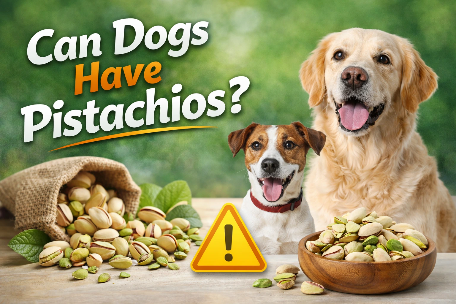 Can Dogs Have Pistachios? - A Golden Retriever and a Jack Russell Terrier sit together, surrounded by spilled pistachios and a warning sign. The dogs look happy and curious, set against a vibrant background.