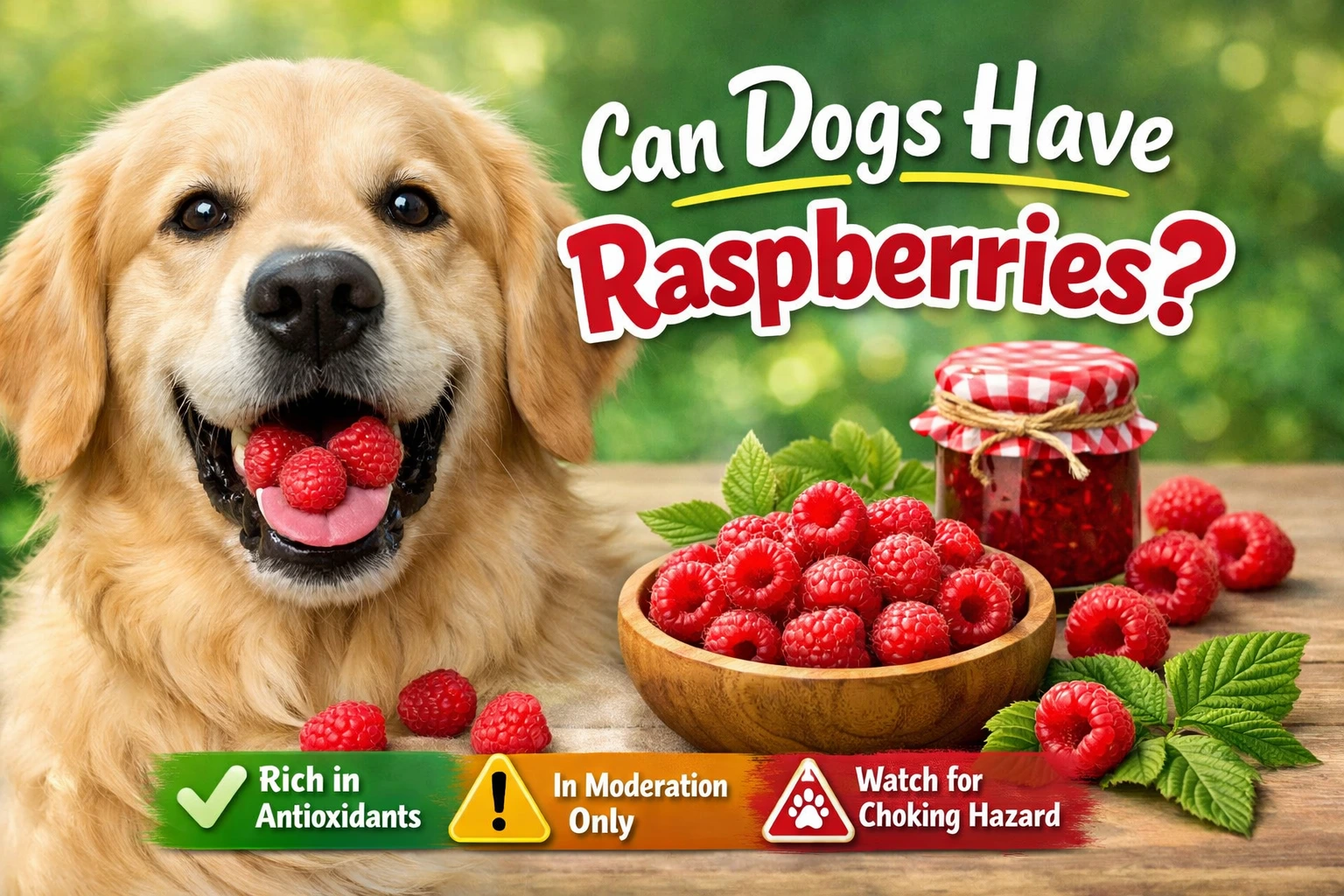 A golden retriever happily enjoying raspberries, with three raspberries in its mouth, beside a bowl of raspberries and a jar of jam. The image is vibrant and outdoorsy, showcasing the question: Can Dogs Have Raspberries?