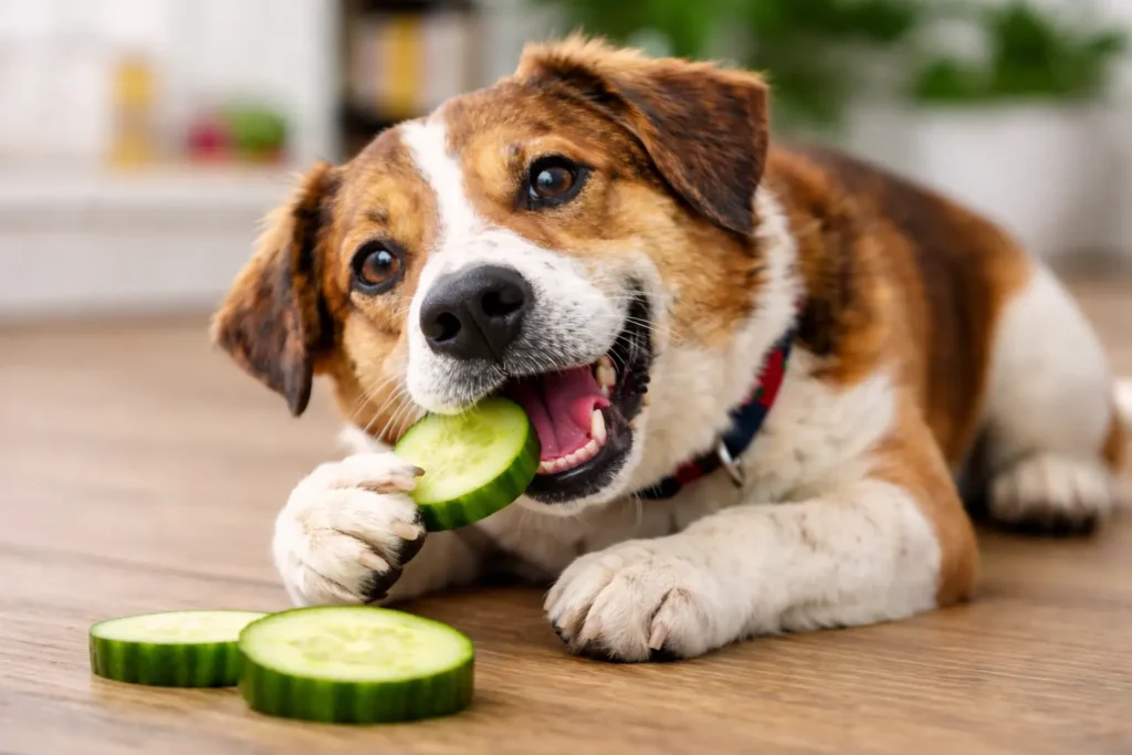Dog eating a fresh slice of cucumber on the floor, representing the topic Can Dogs Eat Cucumbers and safe serving ideas for pets.