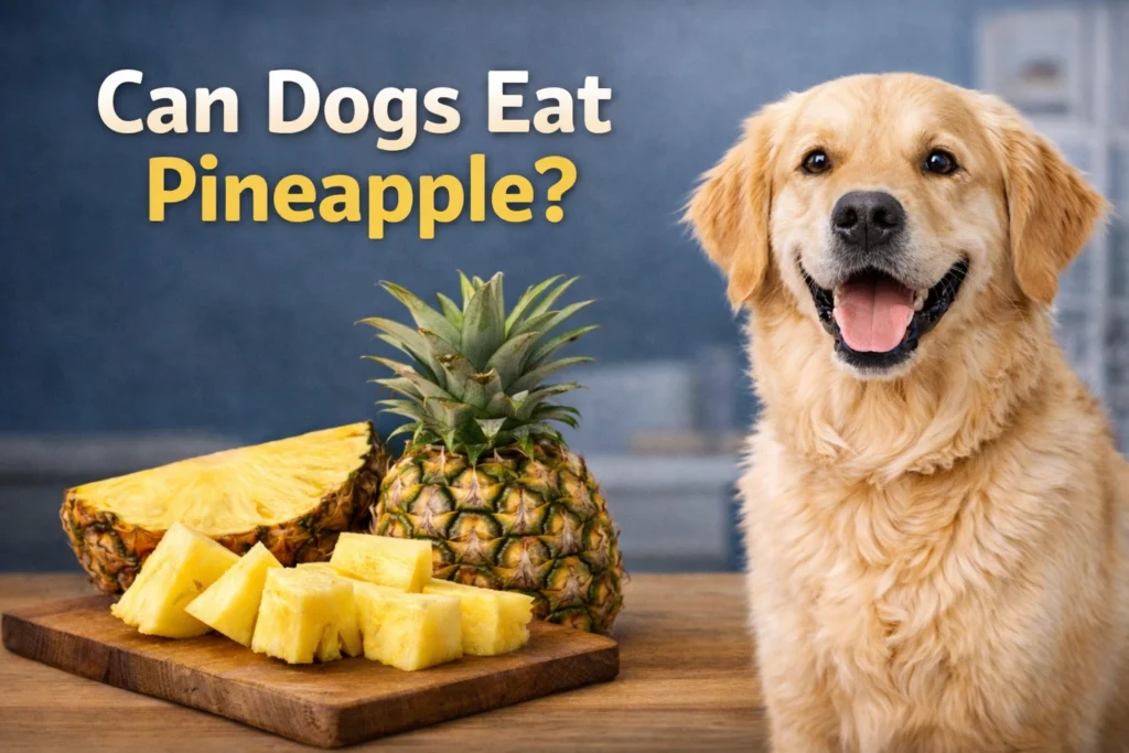 Can Dogs Eat Pineapple guide image with happy dog and freshly cut pineapple pieces