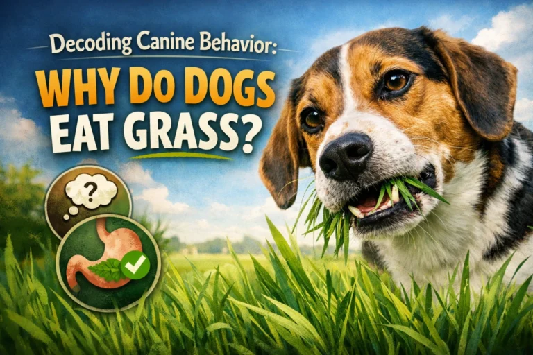Decoding canine behavior: Why do dogs eat grass? A Beagle mix munching on fresh green grass with thought icons.