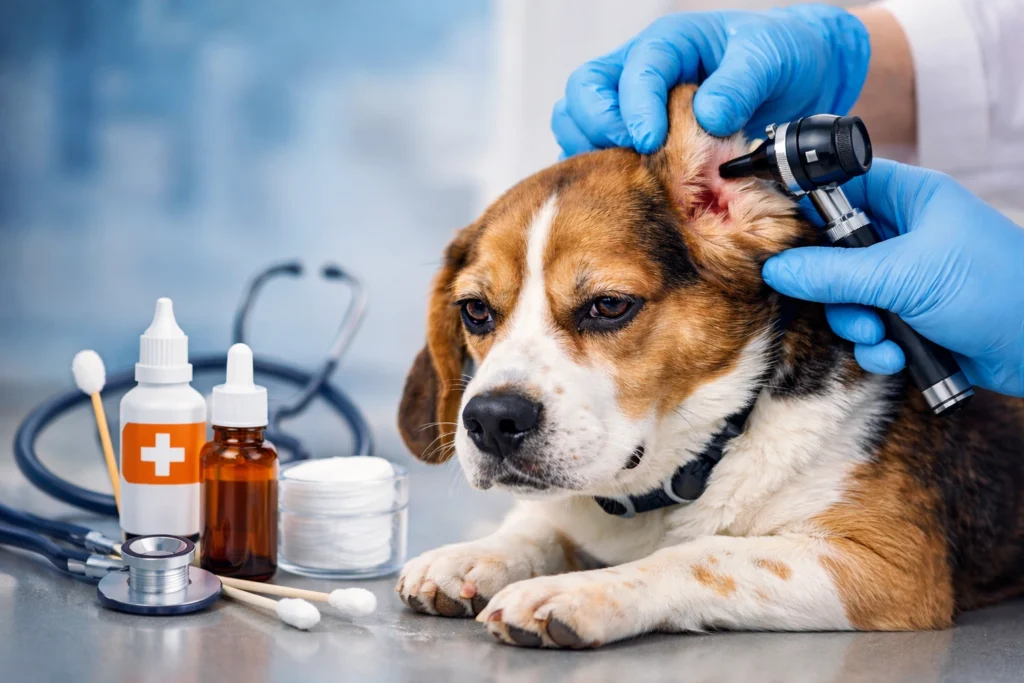 Dog Ear Infection Treatment - A tricolor Beagle is carefully examined by a vet for an ear infection, with medical tools like ear drops and cotton pads ready for treatment.