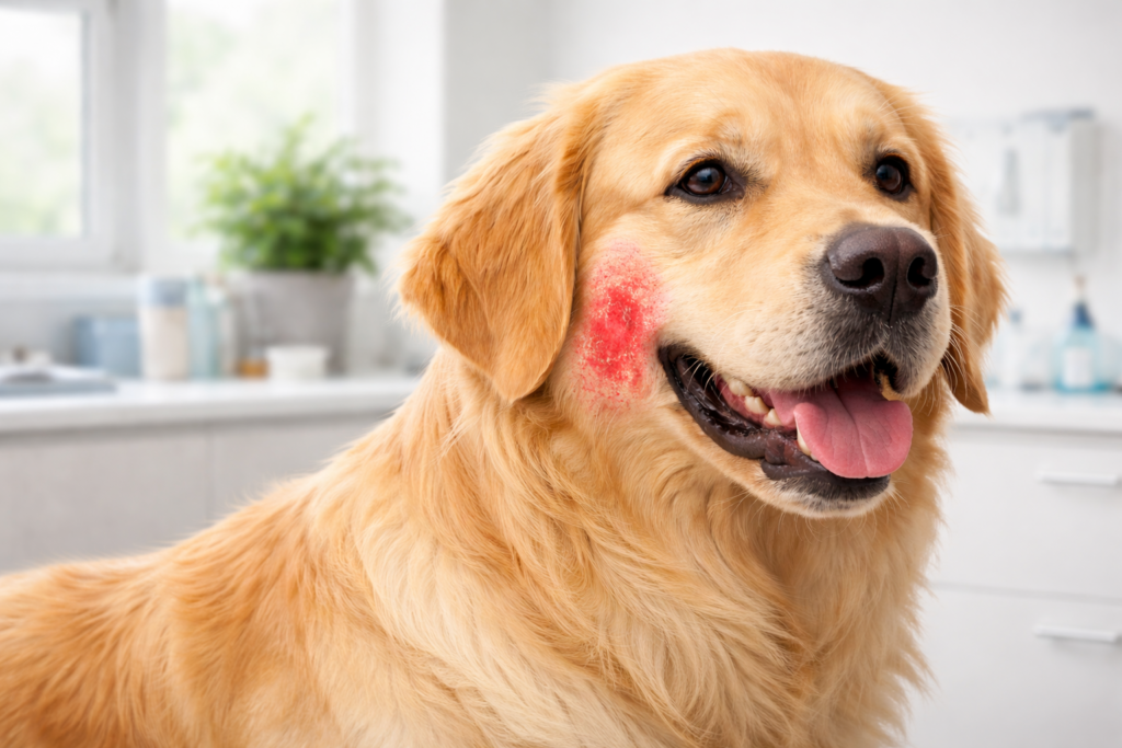 Dog owner applying topical treatment to a dog’s Dog Hot Spot, demonstrating care and proper treatment in a calm environment.
