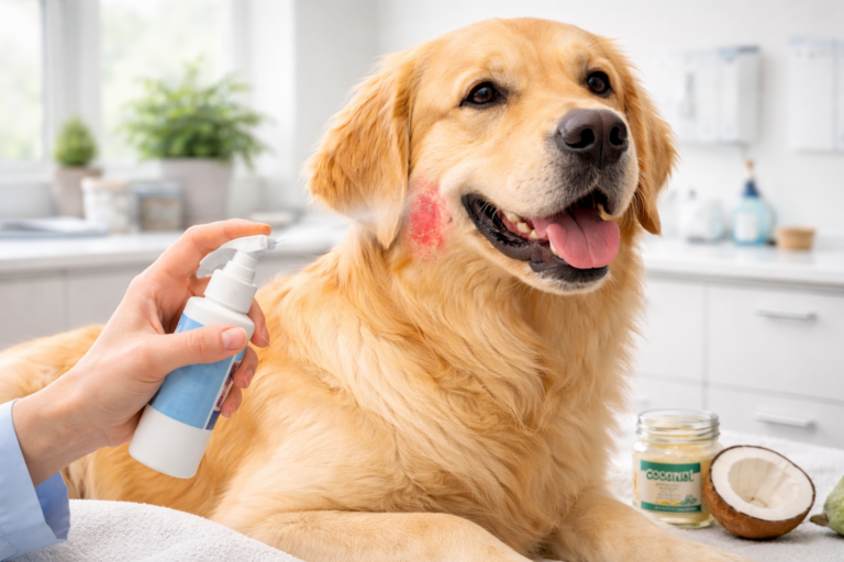 Realistic illustration of a dog with a visible Dog Hot Spot on its back, showing redness and irritation for educational purposes