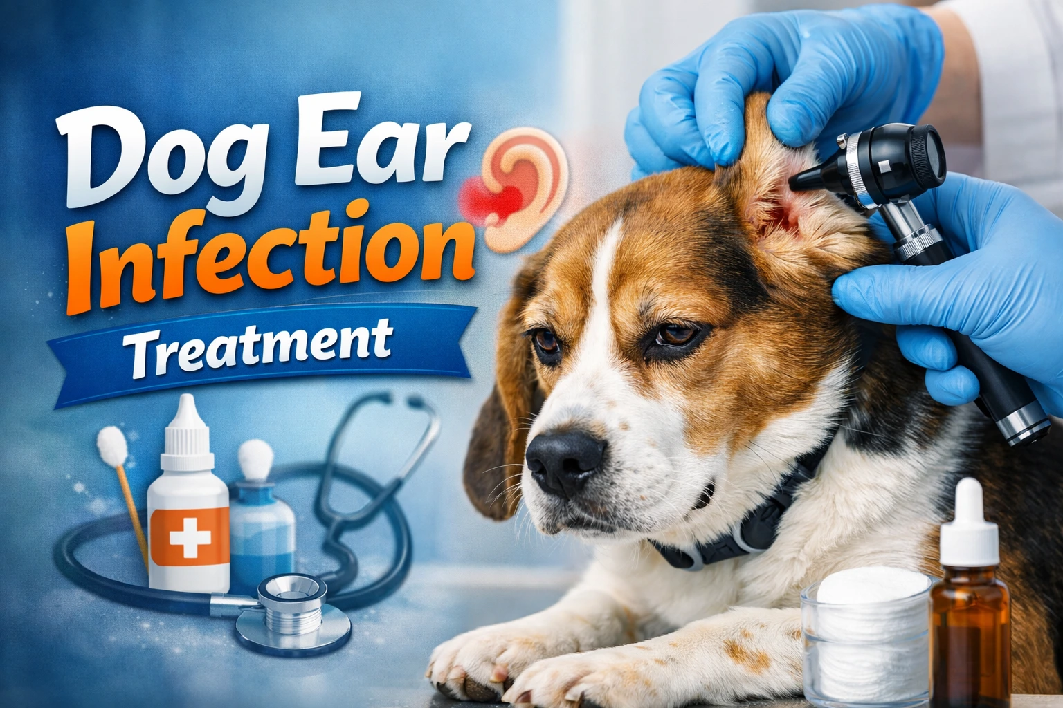 Dog Ear Infection Treatment - A veterinarian examines a dog's ear for signs of infection, with a stethoscope, medication, and ear care supplies on the table.
