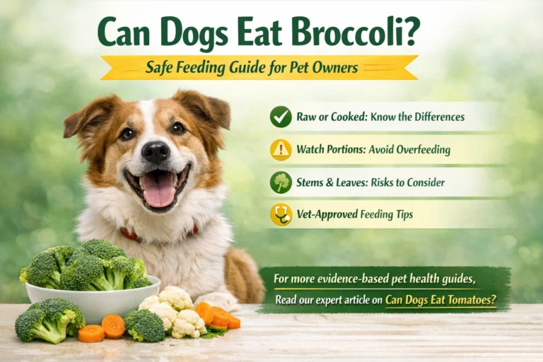 can dogs eat broccoli feature image showing happy dog with fresh broccoli and safe feeding tips infographic