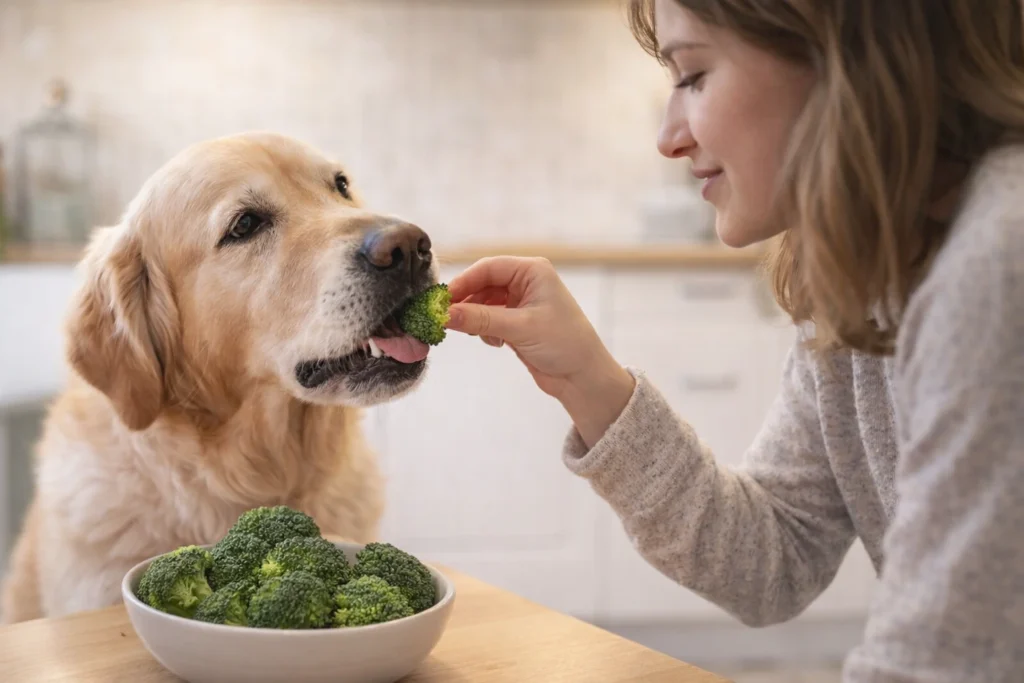 can dogs eat broccoli safely woman offering fresh broccoli floret to her dog as a healthy treat