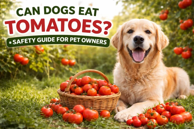 Informational split image showing ripe tomatoes safe and green tomatoes unsafe to answer can dogs eat tomatoes question