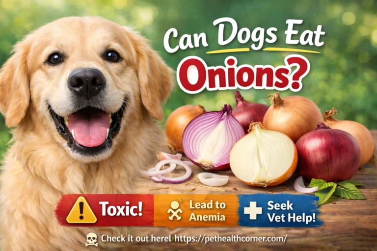 A Golden Retriever happily holding a halved yellow onion in its mouth, surrounded by various onions, including red and yellow, on a rustic wooden table. The image poses the question, Can Dogs Eat Onions? with vibrant warning messages about their toxicity to dogs