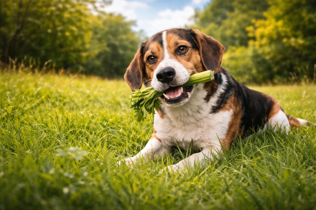 Can Dogs Eat Celery? A tricolor Beagle happily chewing on a stalk of celery in a lush green field on a sunny day.