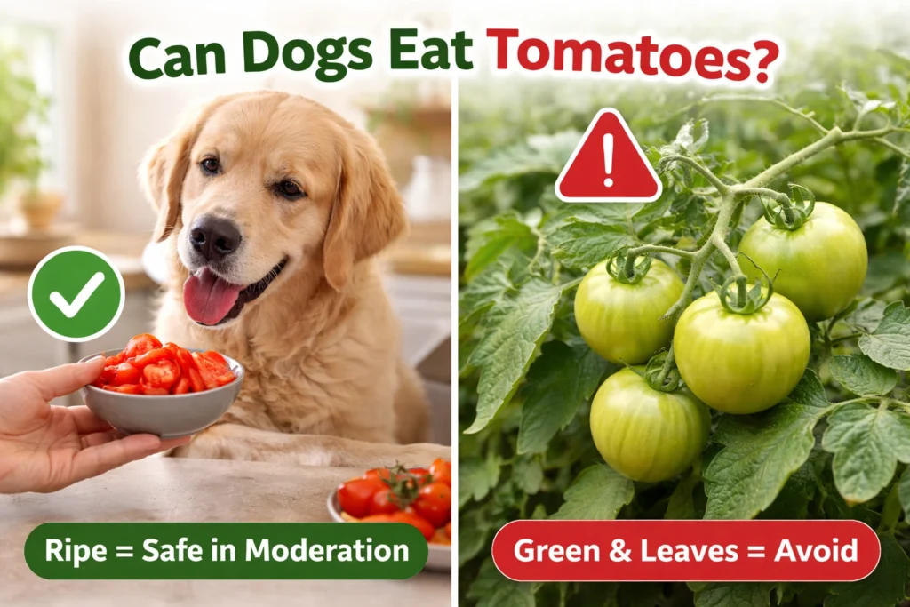 Dog owner feeding small slices of ripe tomato to a golden retriever at home, demonstrating can dogs eat tomatoes safely in moderation