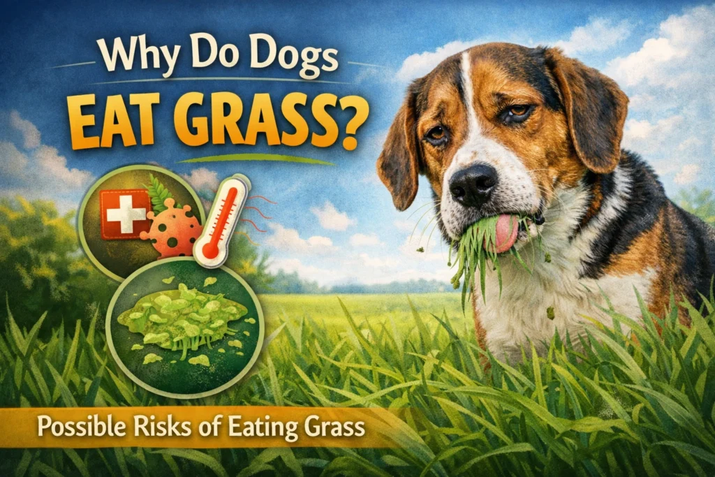 Decoding canine behavior: Why do dogs eat grass? A Beagle mix munching on fresh green grass with thought icons.