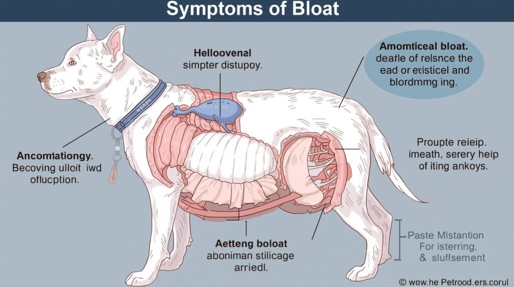 Infographic showing how to prevent bloat in dogs by using slow-feeder bowls and avoiding exercise after meals