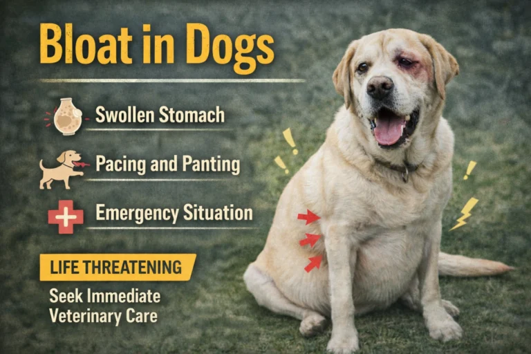 A deep-chested dog showing early signs of bloat in dogs such as restlessness and a swollen abdomen in a veterinary clinic setting.