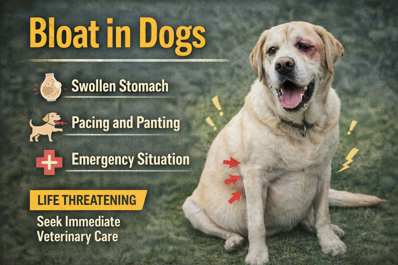 A deep-chested dog showing early signs of bloat in dogs such as restlessness and a swollen abdomen in a veterinary clinic setting.