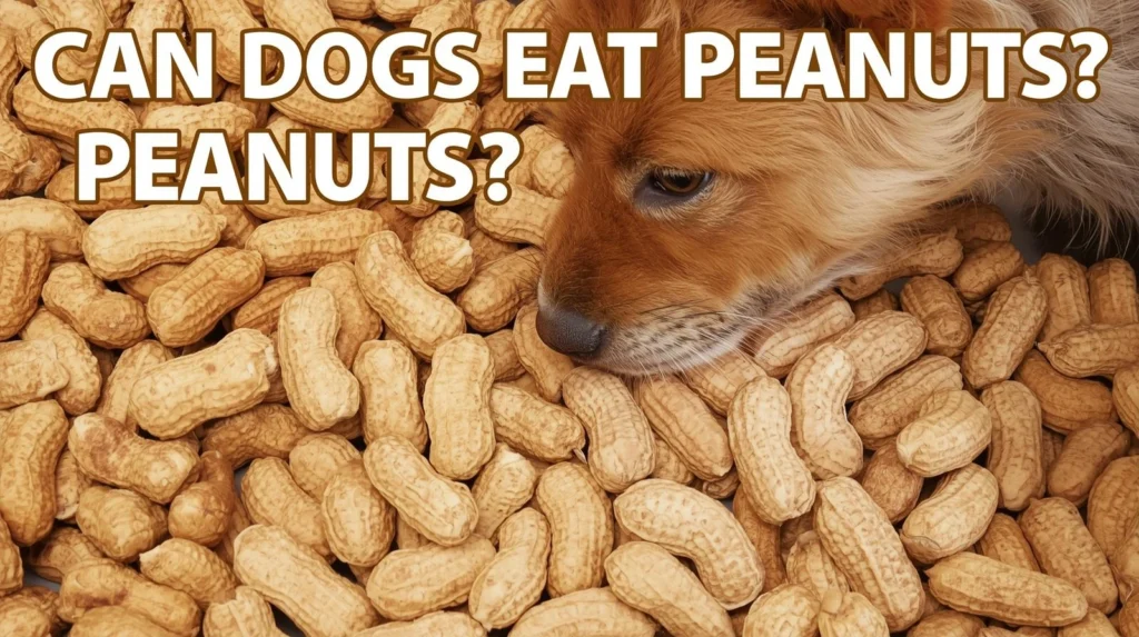 Close-up of shelled and unshelled peanuts with a dog in the background, featuring bold text asking 'Can Dogs Eat Peanuts?