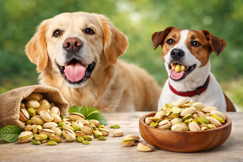 Can Dogs Have Pistachios? - Two dogs, a Golden Retriever and a Jack Russell Terrier, happily munch on pistachios, with a burlap sack and a wooden bowl of nuts in the background. Both dogs are smiling and relaxed, set in a cozy, outdoor setting. Find out if pistachios are safe for your dog!