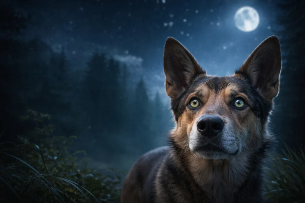 A Labrador navigating a moonlit backyard at night to demonstrate the biological process of how can dogs see in the dark better than humans.