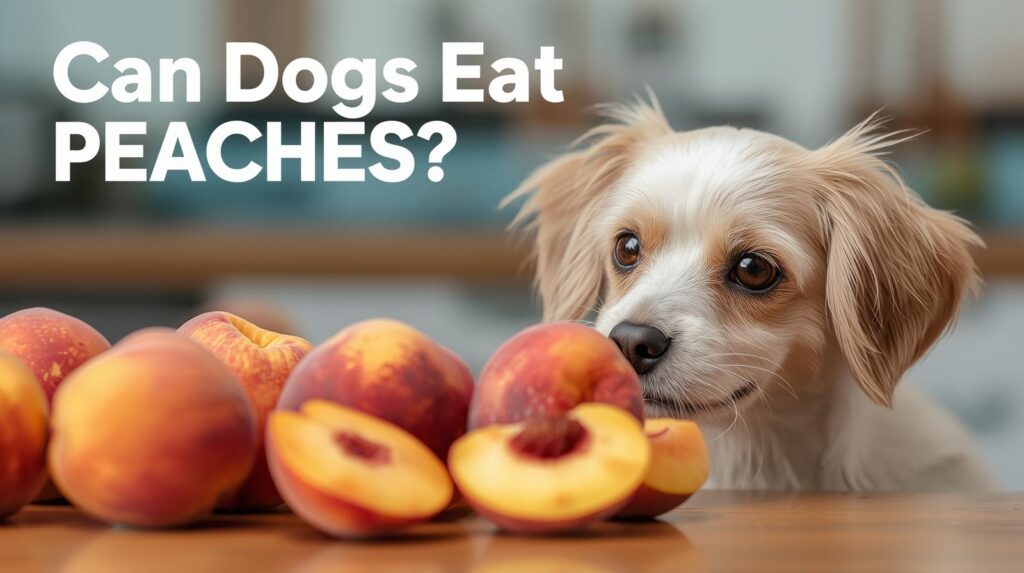 Close-up of sliced peaches with a dog in the background, featuring bold text asking 'Can Dogs Eat Peaches?