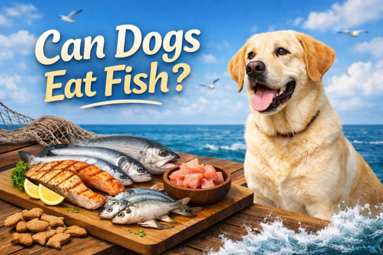 A healthy Golden Retriever waiting to eat a bowl of plain cooked salmon, illustrating the guide on can dogs eat fish for nutritional benefits.