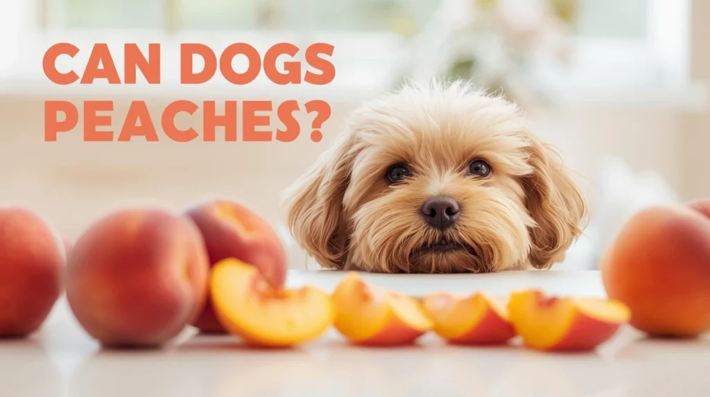 Close-up of sliced peaches with a dog in the background, featuring bold text asking 'Can Dogs Eat Peaches?