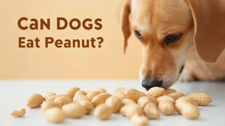 A curious dog looking at a handful of peanuts, with the text 'Can Dogs Eat Peanuts?' clearly visible on the image.