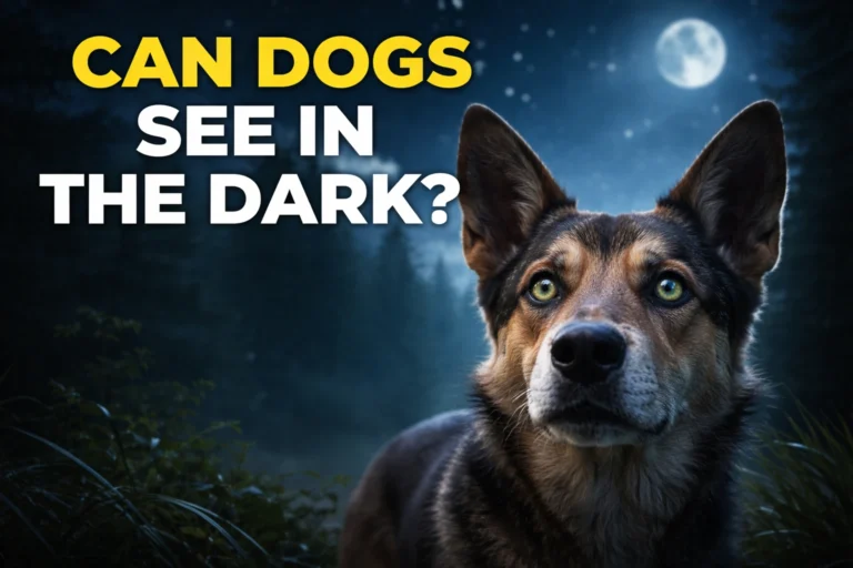 A close-up of a dog’s eyes reflecting light in a dimly lit room, illustrating how can dogs see in the dark using the tapetum lucidum layer.