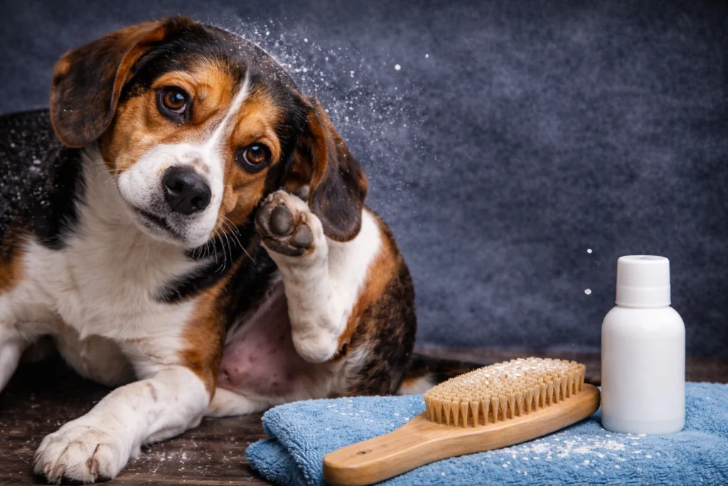A professional pet groomer applying a specialized shampoo to treat dog dandruff and restore skin health naturally.