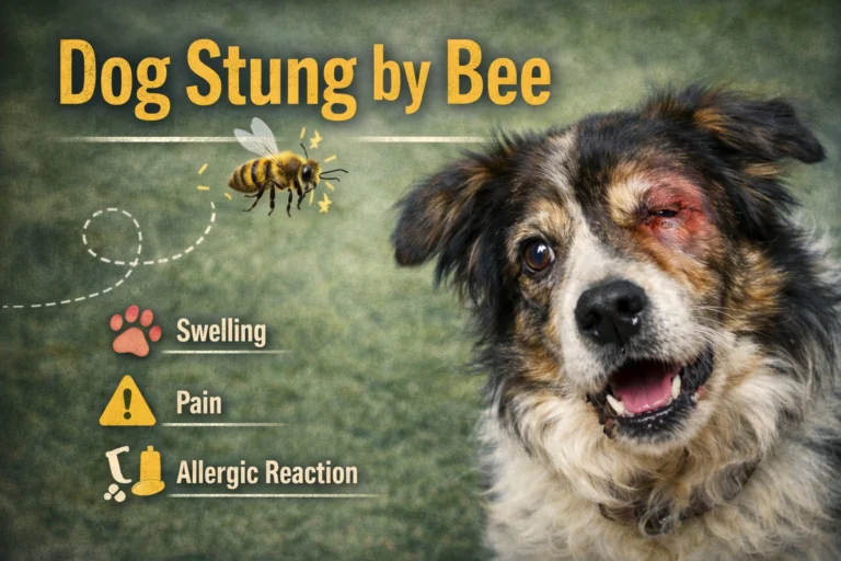A golden retriever with a swollen muzzle after being a dog stung by bee receiving a cold compress.
