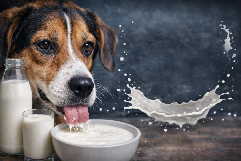Is Milk Good for Dogs: Close-up of a dog licking milk with milk splashes and bottle nearby, illustrating dog’s interaction with milk.