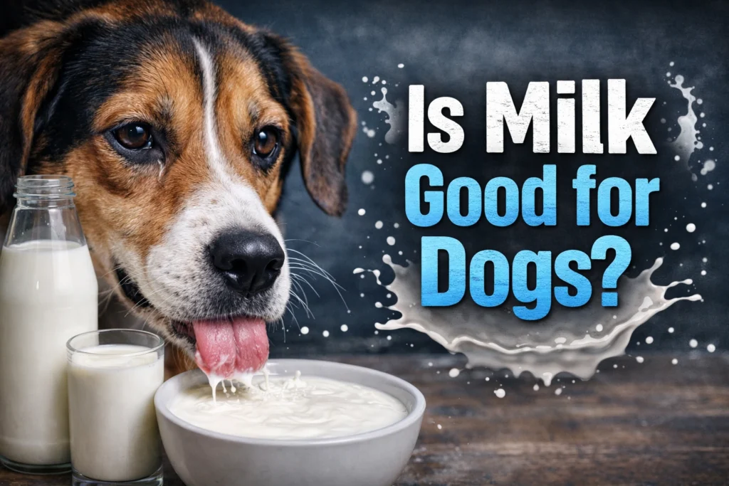 Is Milk Good for Dogs: Tricolor beagle drinking milk from a bowl, showing a healthy and curious dog exploring dairy safely