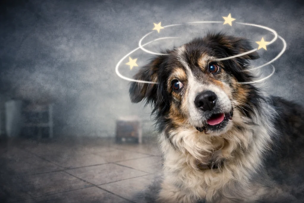 Veterinary clinical examination showing the balance system affected by vestibular disease in dogs.