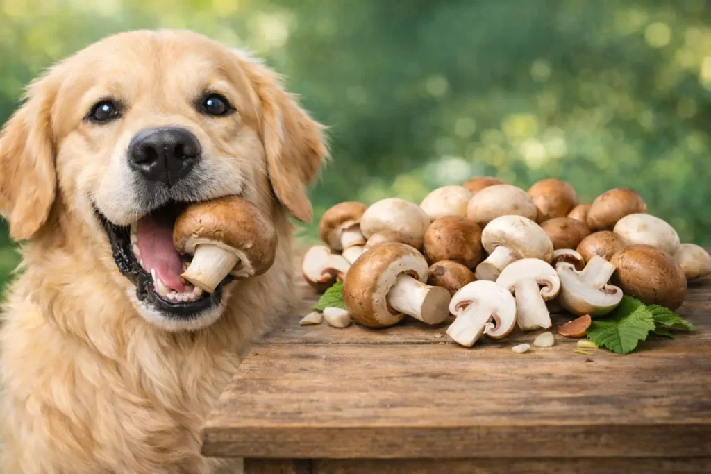 A close-up of a Golden Retriever with a mushroom in its mouth, sitting at a wooden table with whole and sliced mushrooms around it. The image poses the question, Can Dogs Eat Mushrooms? while emphasizing the risks to dogs from consuming mushrooms.