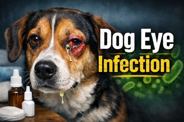 Close-up of a dog eye infection showing redness and discharge to help owners identify symptoms and types of dog eye infections.