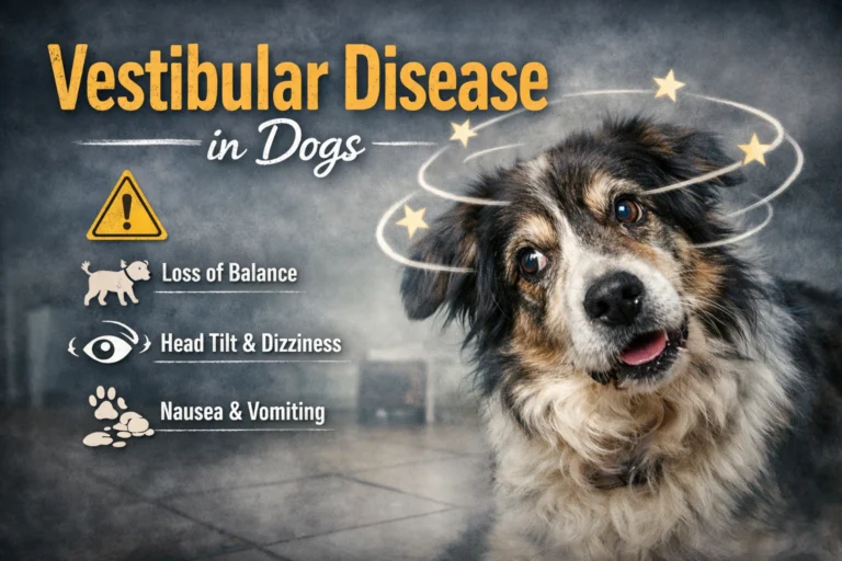 A senior Golden Retriever showing a characteristic head tilt due to vestibular disease in dogs.